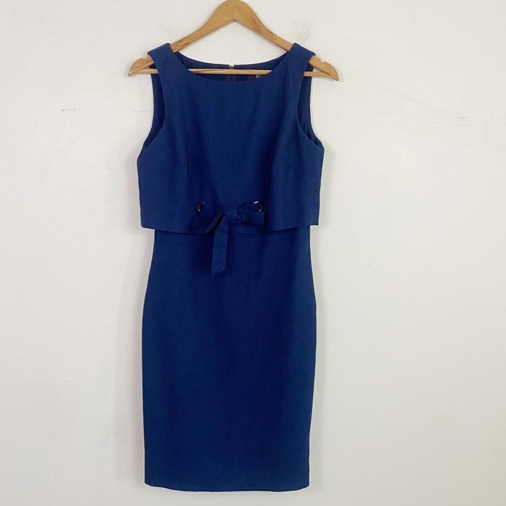 BADGLEY MISCHKA navy front tie sheath dress
